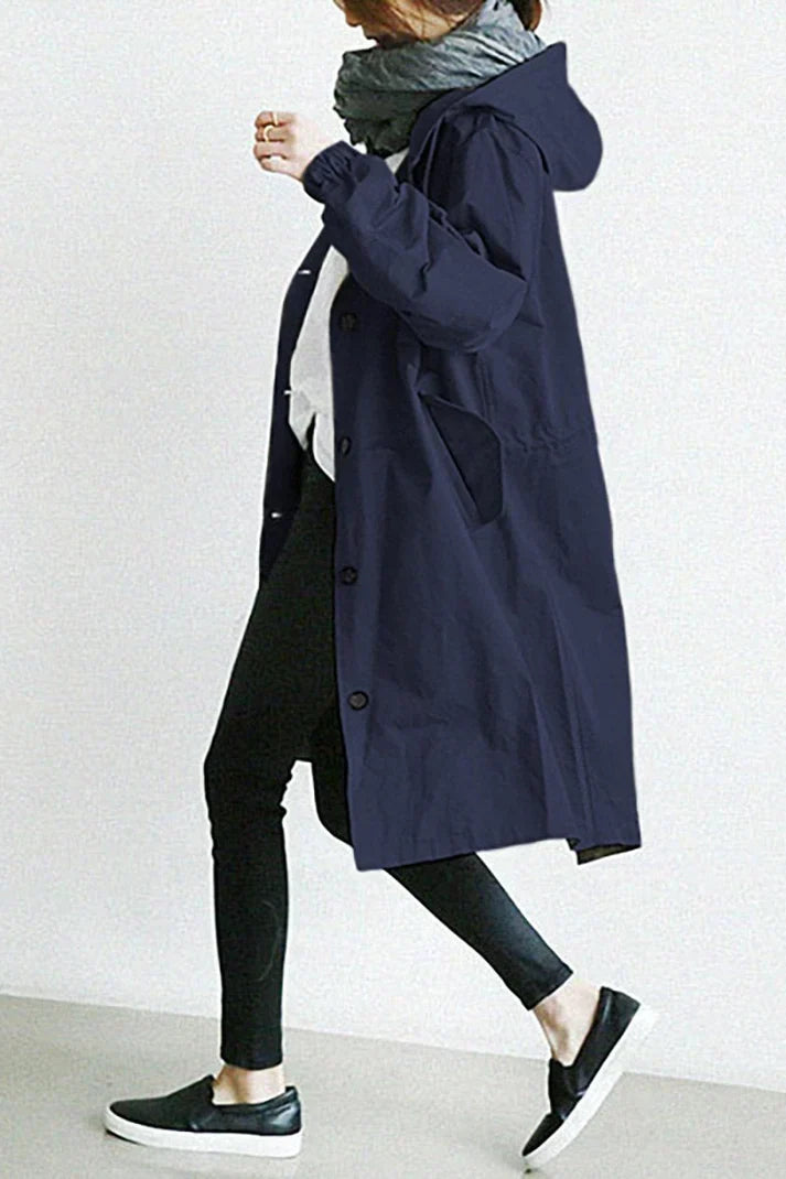 Trench Long à Capuche avec Fermeture Boutonnée pour Femme | Idéal pour les Jours de Pluie