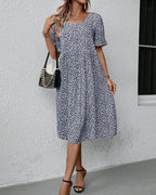 Robe Midi À Motif Floral Avec Col Rond Et Manches Courtes Pour Femme | Idéale Pour Le Jour Et La Soirée
