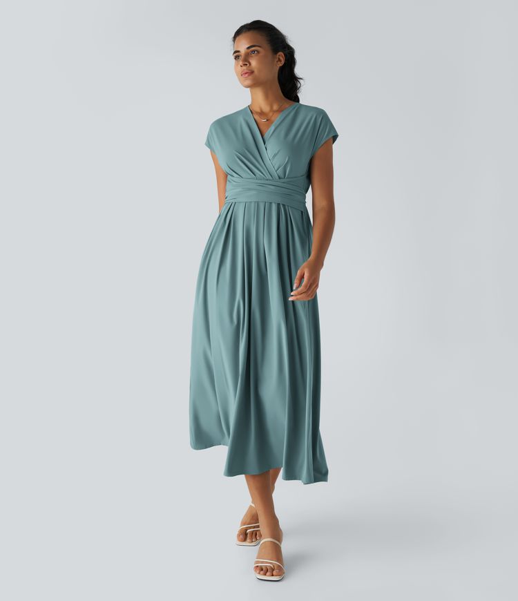 Robe Midi Avec Taille Haute Et Manches Courtes Pour Femme | Idéal Pour Usage De Jour Et De Soir