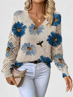 Pull À Motif Floral Avec Col En V Et Manches Longues Pour Femmes | Idéal Pour Le Quotidien