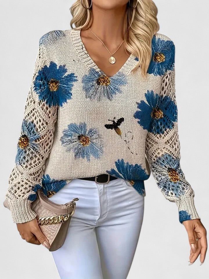 Pull À Motif Floral Avec Col En V Et Manches Longues Pour Femmes | Idéal Pour Le Quotidien
