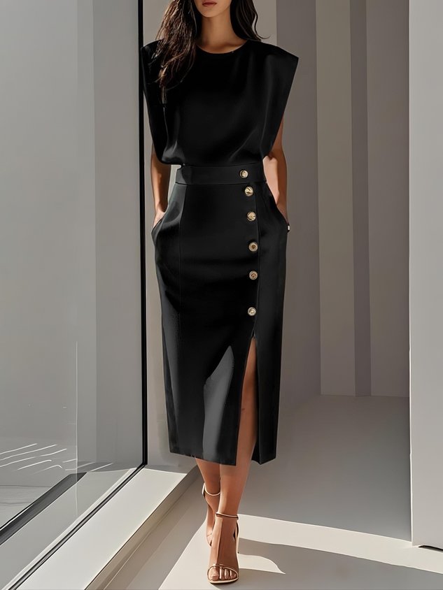 Robe Midi Sans Manches Avec Boutons Pour Femme | Idéale Pour Usage Quotidien Et Occasions