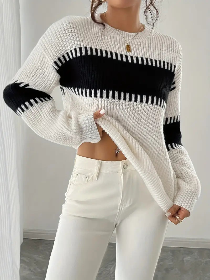 Pull À Rayures Avec Col Rond Pour Femme | Idéal Pour Tenues Décontractées Et Soirées