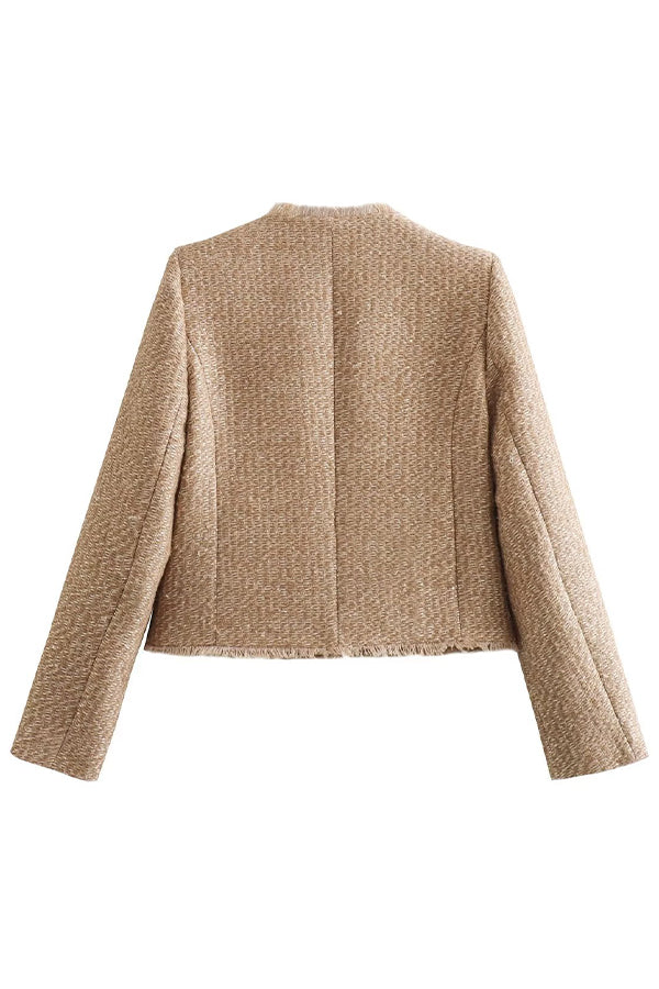 Veste Boutonnée à Col Rond avec Détails Effilochés pour Femme | Idéale pour la Mi-Saison