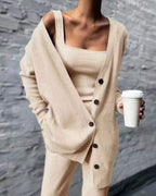 Ensemble Trois Pièces en Maille Côtelée avec Cardigan Long pour Femme | Idéal pour la Mi-Saison