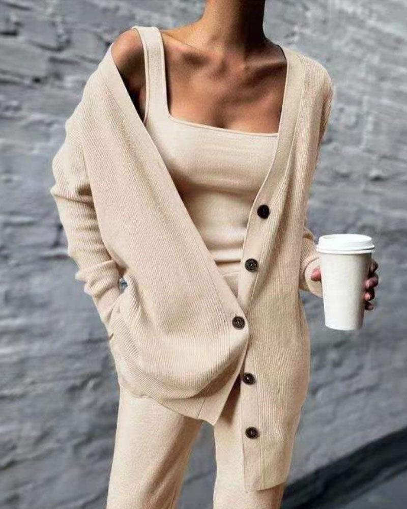 Ensemble Trois Pièces en Maille Côtelée avec Cardigan Long pour Femme | Idéal pour la Mi-Saison