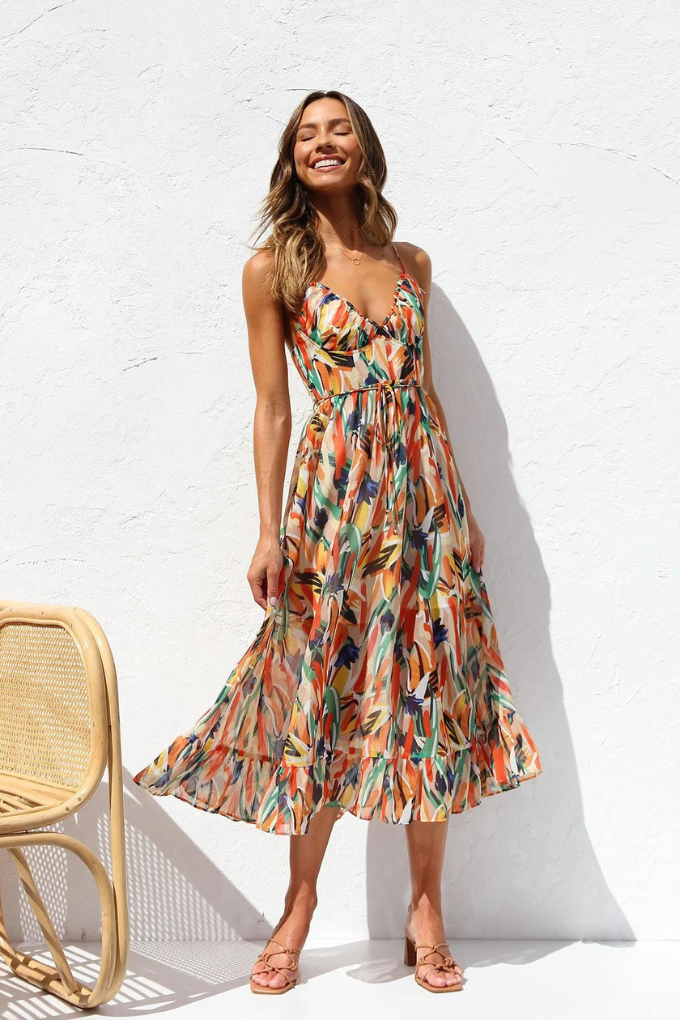 Robe Mi-Longue à Col V avec Coupe Évasée pour Femme | Idéale pour Été
