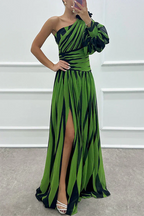 Robe Maxi One-Shoulder Rayée Avec Jupe Plissée Pour Femme | Idéale Pour L'Été
