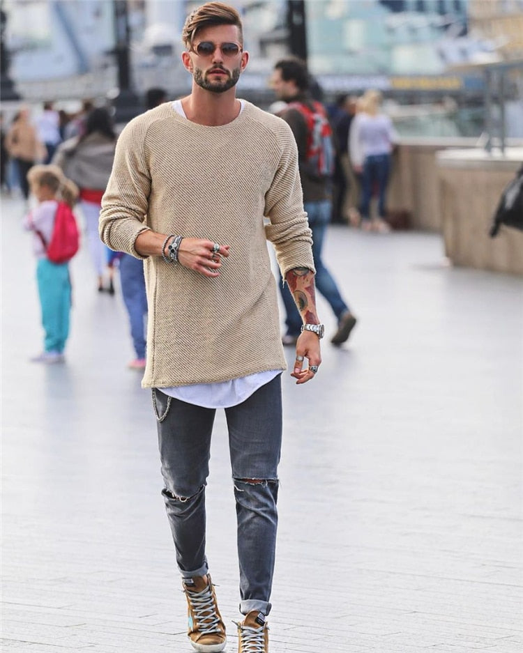 Pull Tricoté à Manches Longues avec Structure Classique pour Hommes | Idéal pour la Mi-Saison