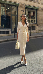 Robe Midi en Maille avec Col V et Boutons pour Femme | Idéale pour les Occasions Quotidiennes et les Sorties