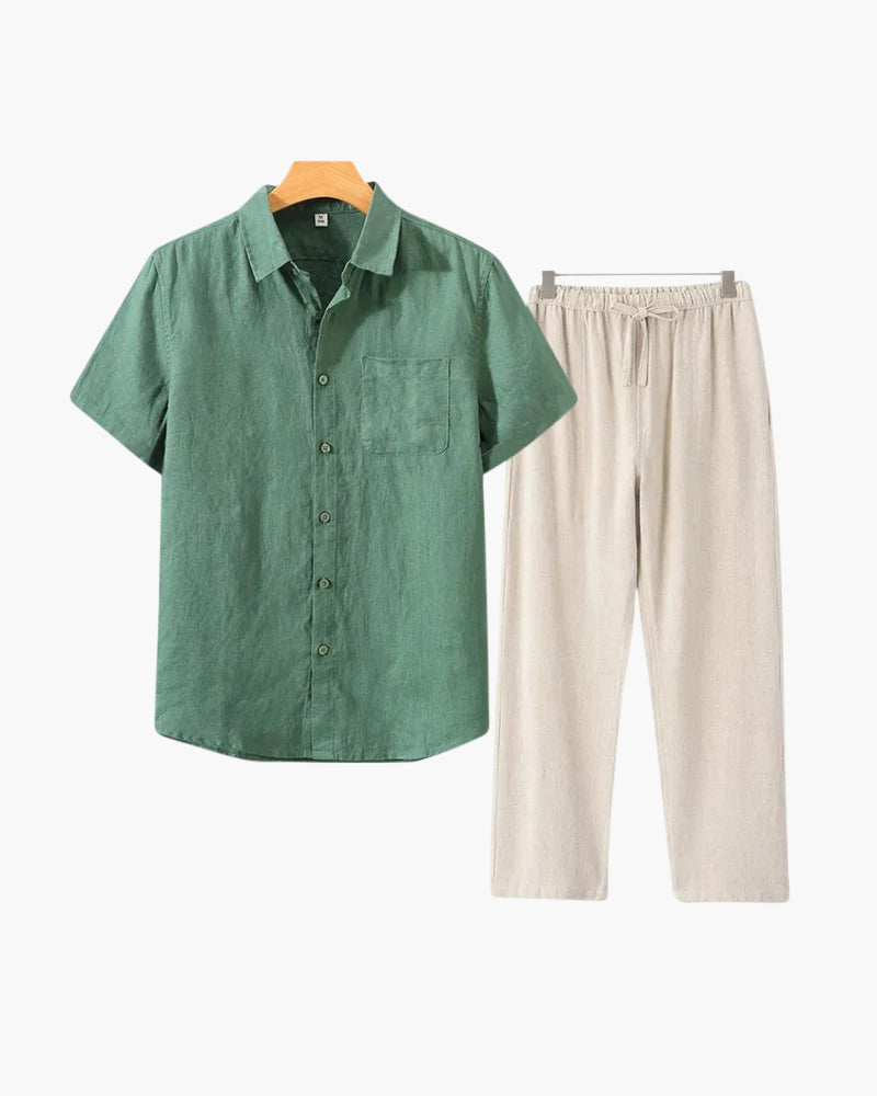 Ensemble Été Deux Pièces Avec Chemise Courte Et Pantalon À Taille Élastique Pour Homme | Idéal Pour Saison Estivale