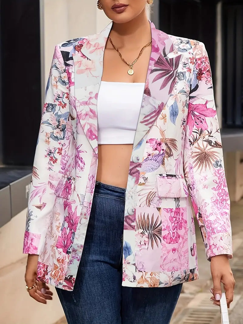 Blazer À Imprimé Floral Multicolore Avec Poches À Rabat Pour Femmes | Idéal Pour Le Travail Et Les Tenues Quotidiennes