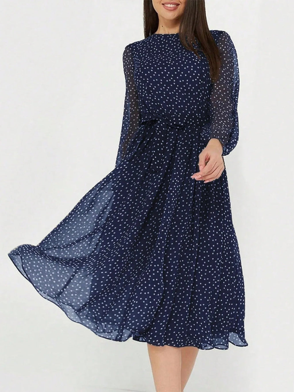 Robe Midi À Pois Avec Col Rond Et Manches Longues Pour Femme | Idéale Pour Le Jour Et La Soirée