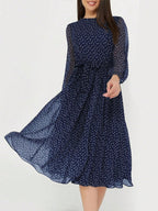 Robe Midi À Pois Avec Col Rond Et Manches Longues Pour Femme | Idéale Pour Le Jour Et La Soirée
