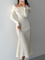 Robe Plissée Midi Avec Manches Longues Et Nœuds Aux Épaules Pour Femme | Idéal Pour Occasions