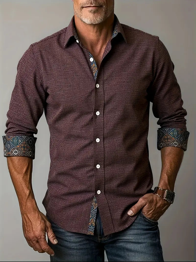 Chemise À Manches Longues Avec Détails Contrastés Et Fermeture À Boutons Pour Hommes | Idéale Pour Toutes Les Saisons