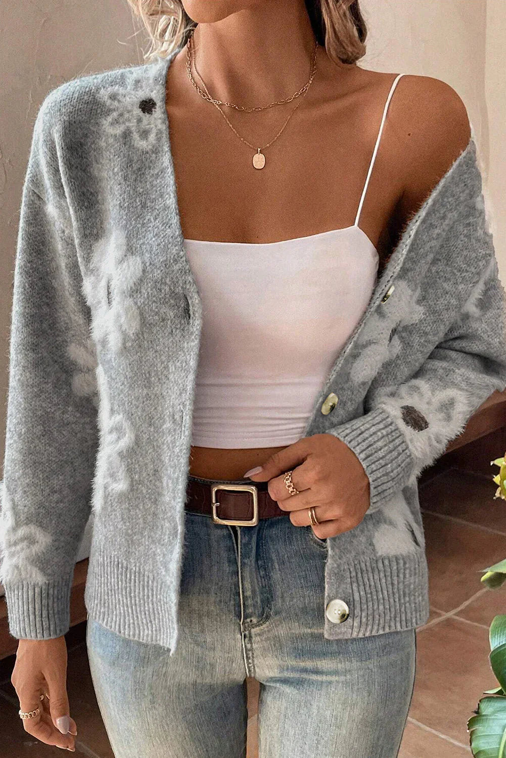 Cardigan à Motifs Floraux avec Col en V et Boutons pour Femmes | Idéal pour Tenues Décontractées