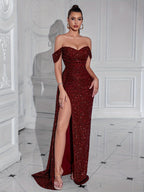 Robe De Soirée À Sequins avec Épaules Dénudées Et Fente pour Femme | Idéale pour Les Événements Formels