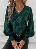 Blouse À Manches Longues Avec Motif Feuilles Et Col En V Pour Femmes | Idéal Pour Travail Ou Usage Quotidien