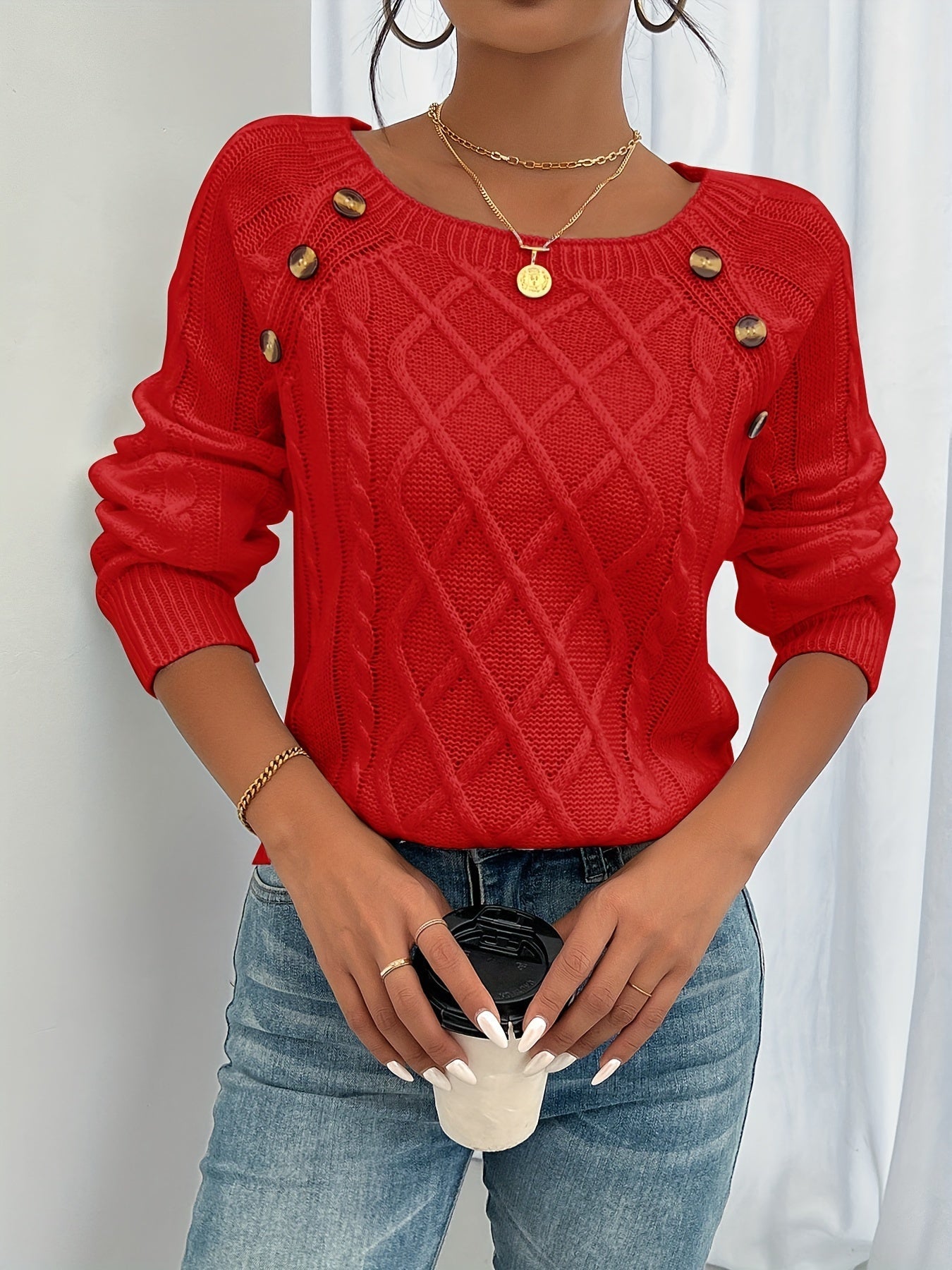 Pull à Maille Torsadée avec Boutons Décoratifs sur l’Épaule pour Femmes | Idéal pour Saisons Fraîches