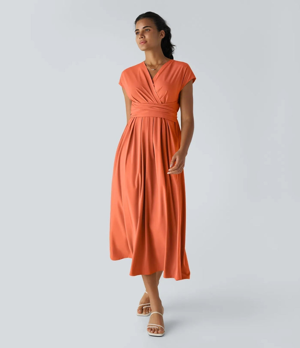 Robe Midi Avec Taille Haute Et Manches Courtes Pour Femme | Idéal Pour Usage De Jour Et De Soir