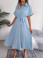 Robe Chemise Midi Avec Ceinture Nouée Et Manches Courtes Pour Femmes | Adaptée Aux Tenues Quotidiennes