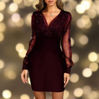 Robe à Coupe Ajustée avec Manches en Tulle à Paillettes et Encolure en V pour Femme | Idéale pour les Soirées et Événements Festifs