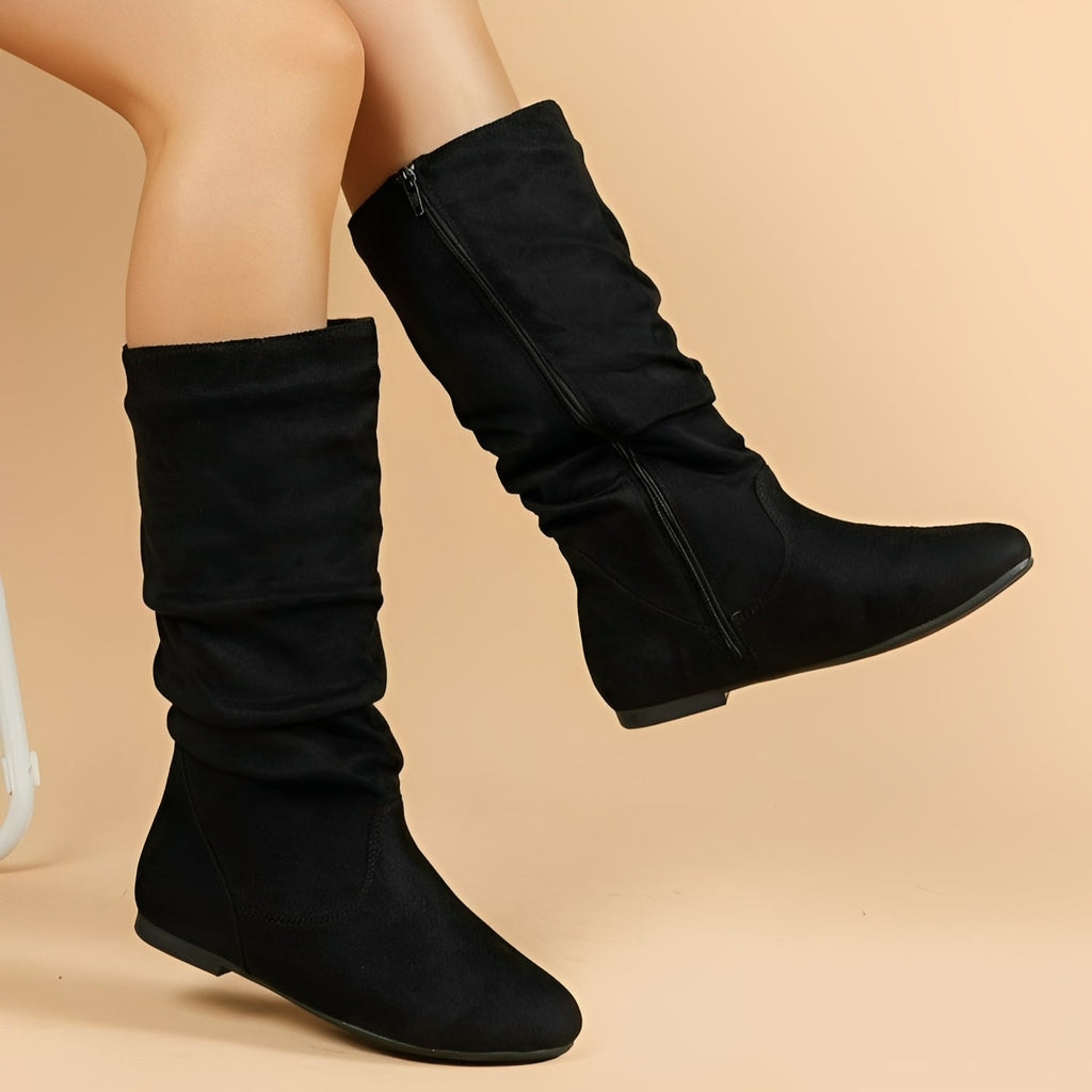 Bottes Mi-Mollet À Semelle Plate Avec Zip Latéral Pour Femmes | Idéal Pour Usage Quotidien