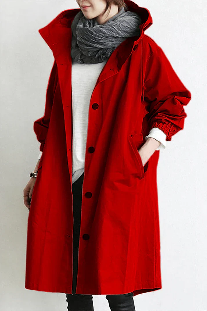 Trench Long à Capuche avec Fermeture Boutonnée pour Femme | Idéal pour les Jours de Pluie