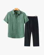 Ensemble Été Deux Pièces Avec Chemise Courte Et Pantalon À Taille Élastique Pour Homme | Idéal Pour Saison Estivale