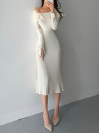 Robe Plissée Midi Avec Manches Longues Et Nœuds Aux Épaules Pour Femme | Idéal Pour Occasions
