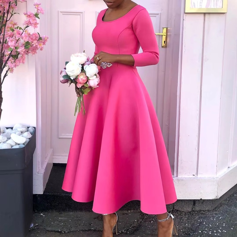Robe Midi à Encolure Ronde avec Coupe A-Ligne et Manches Trois-Quarts pour Femme | Idéale pour Événements et Usage Quotidien