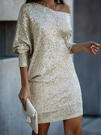 Robe De Soirée À Sequins Contrastés avec Col En V Et Manches Longues pour Femme | Idéale pour Les Événements Formels