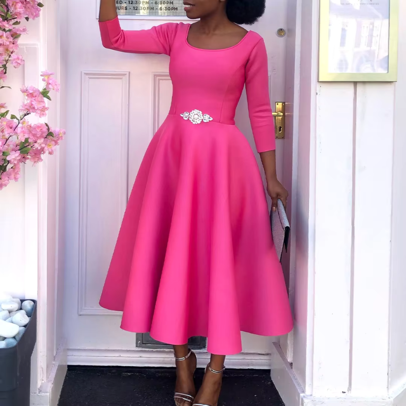 Robe Midi à Encolure Ronde avec Coupe A-Ligne et Manches Trois-Quarts pour Femme | Idéale pour Événements et Usage Quotidien