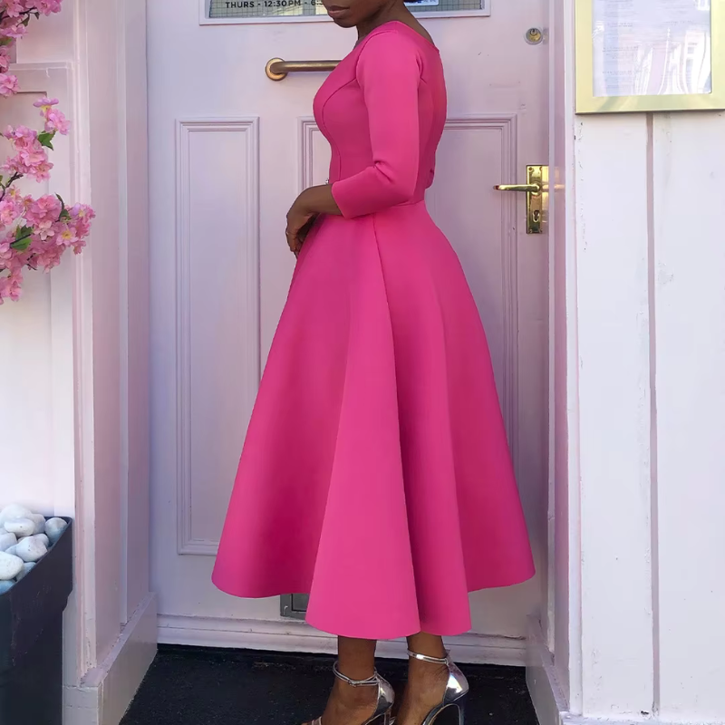 Robe Midi à Encolure Ronde avec Coupe A-Ligne et Manches Trois-Quarts pour Femme | Idéale pour Événements et Usage Quotidien
