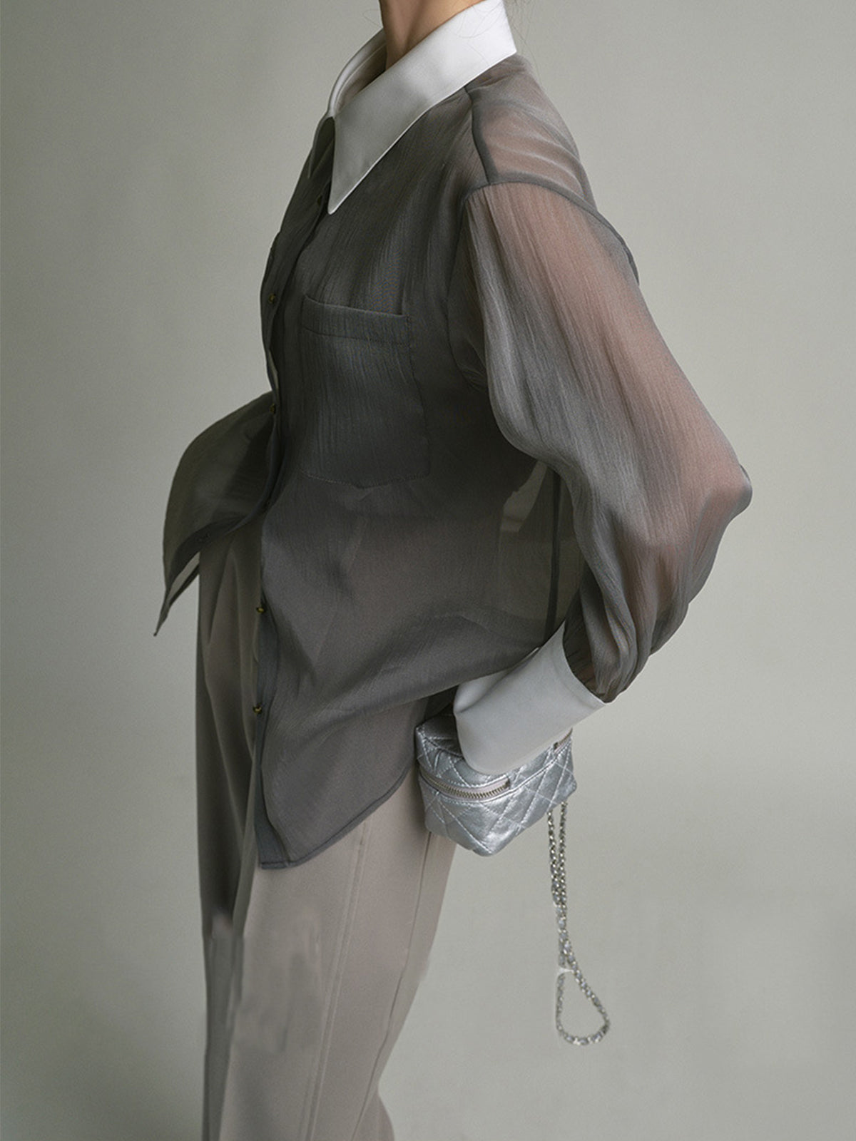 Chemise Transparente À Coupe Fluide Avec Col Et Poignets Contrastés Pour Femme | Idéal Pour Les Tenues Habillées Et Professionnelles