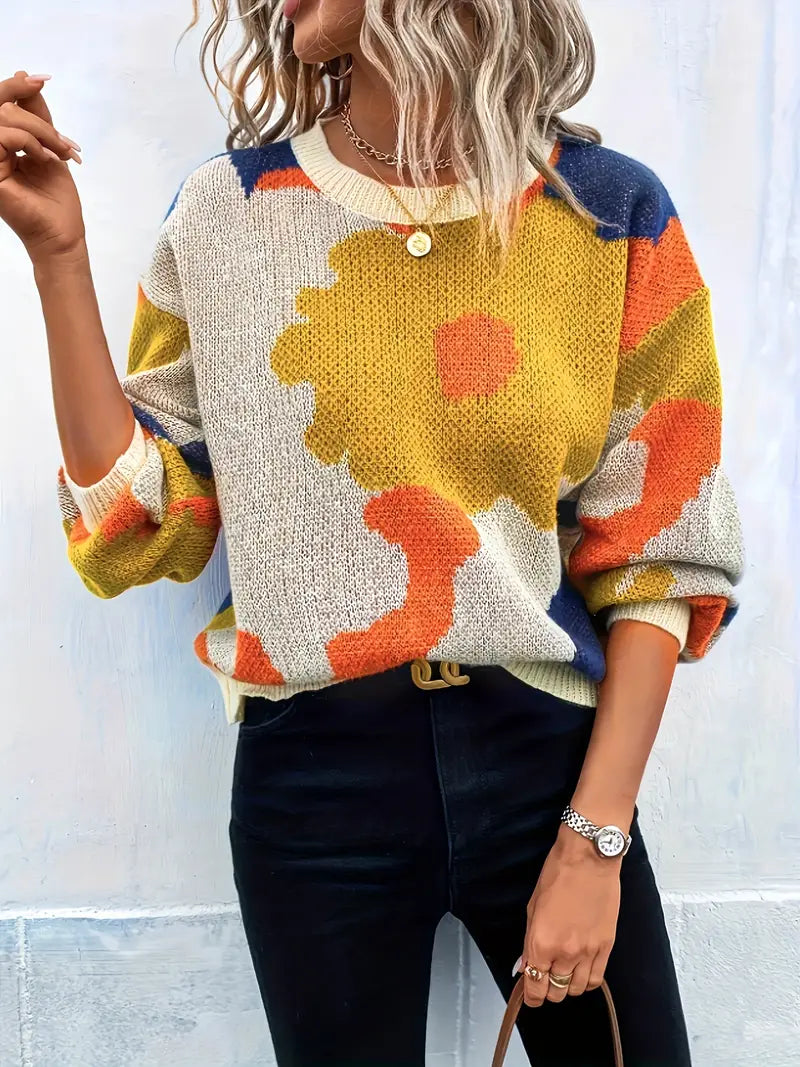 Pull À Motif Floral Abstrait À Coupe Confortable Pour Femme | Idéal Pour Usage Quotidien Et Loisirs
