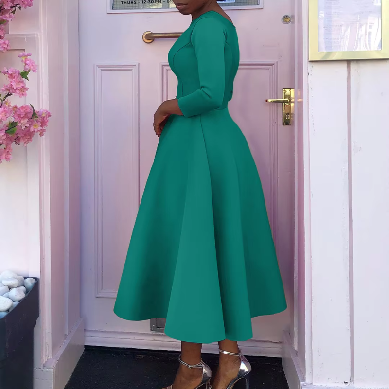 Robe Midi à Encolure Ronde avec Coupe A-Ligne et Manches Trois-Quarts pour Femme | Idéale pour Événements et Usage Quotidien