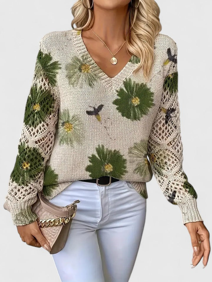 Pull À Motif Floral Avec Col En V Et Manches Longues Pour Femmes | Idéal Pour Le Quotidien