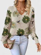 Pull À Motif Floral Avec Col En V Et Manches Longues Pour Femmes | Idéal Pour Le Quotidien