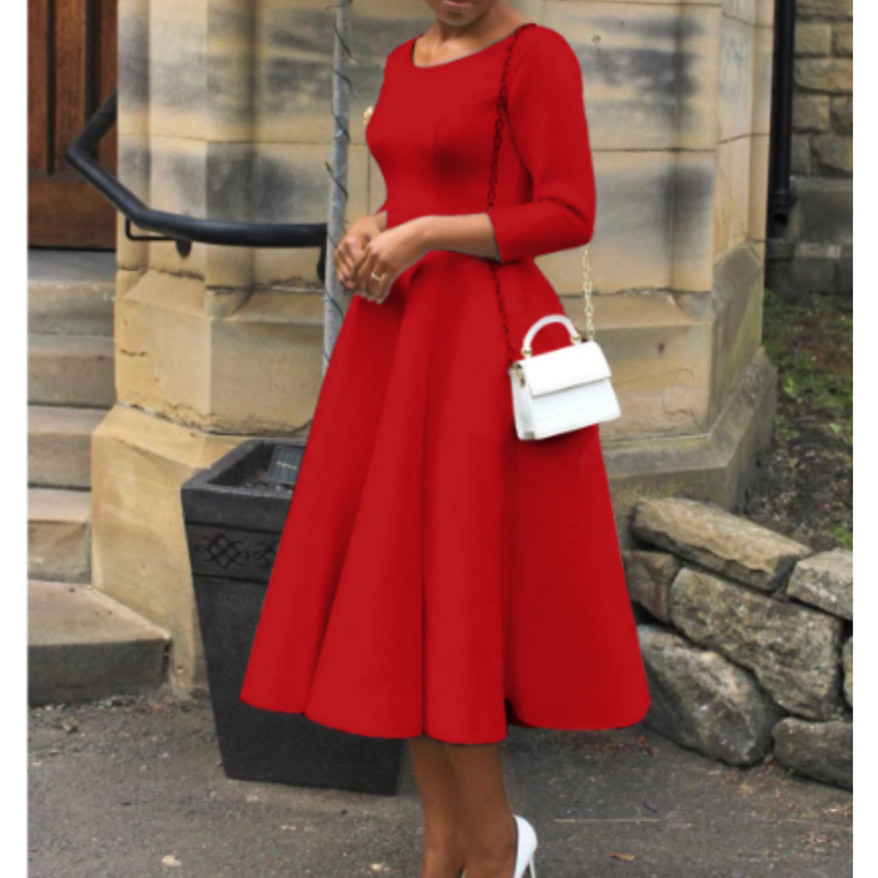 Robe Midi à Encolure Ronde avec Coupe A-Ligne et Manches Trois-Quarts pour Femme | Idéale pour Événements et Usage Quotidien