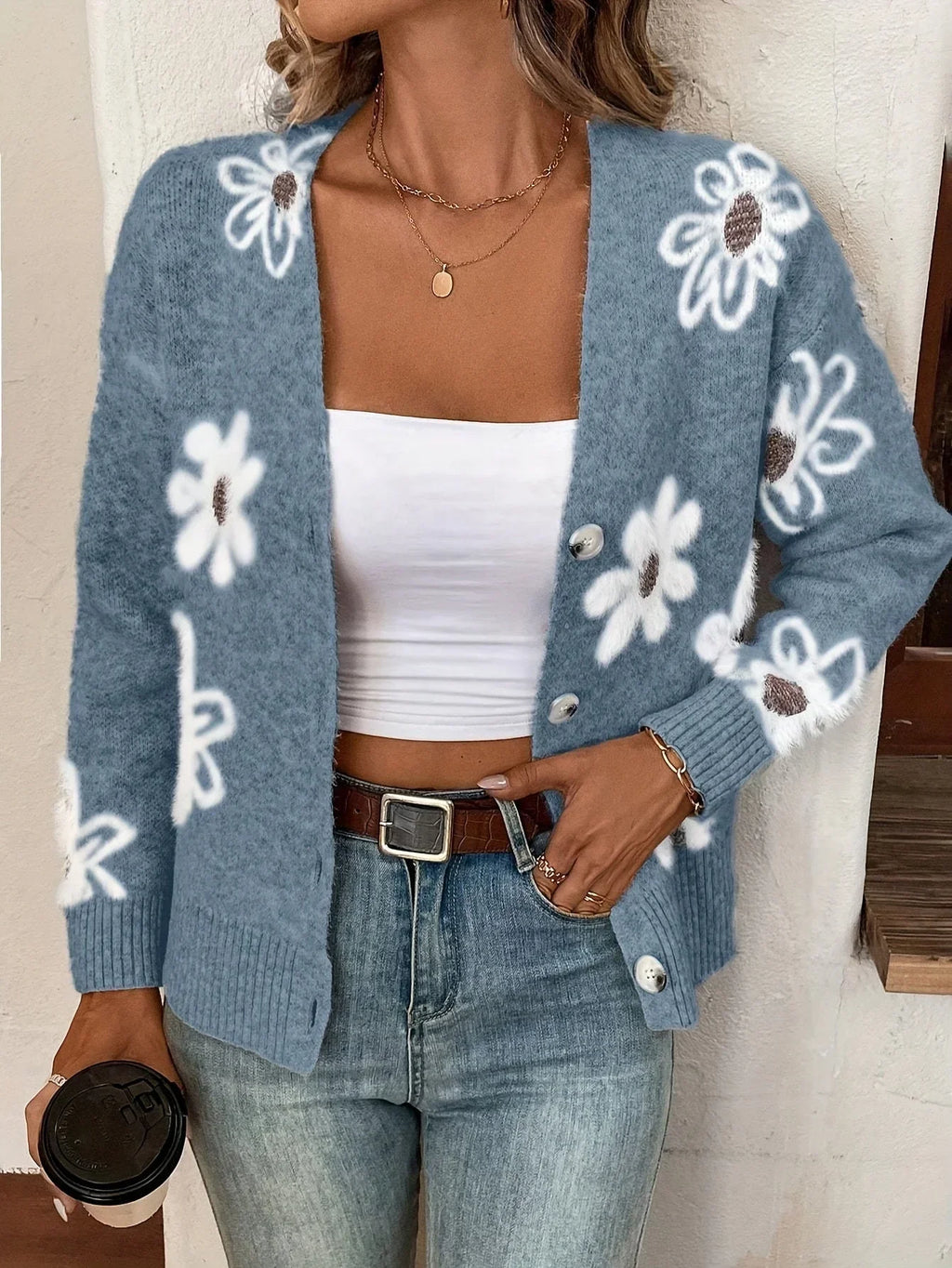Cardigan à Motifs Floraux avec Col en V et Boutons pour Femmes | Idéal pour Tenues Décontractées