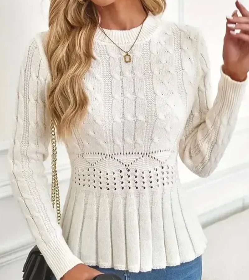Pull à Manches Longues avec Ourlet Peplum et Motif Tressé pour Femme | Idéal pour un Usage Quotidien