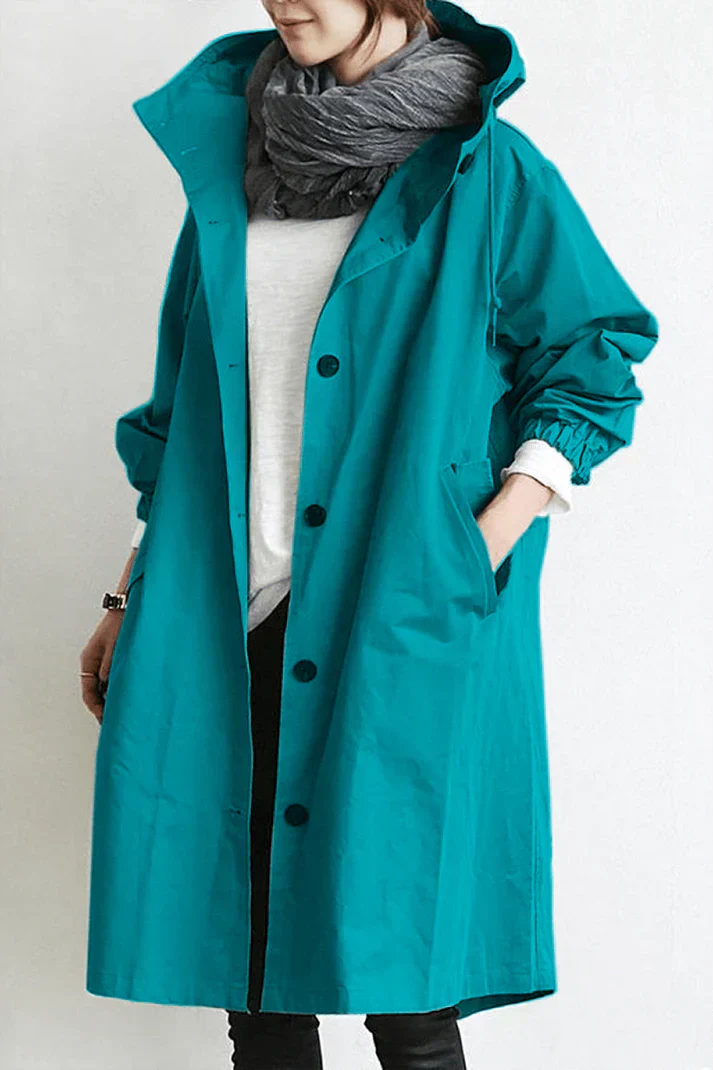 Trench Long à Capuche avec Fermeture Boutonnée pour Femme | Idéal pour les Jours de Pluie