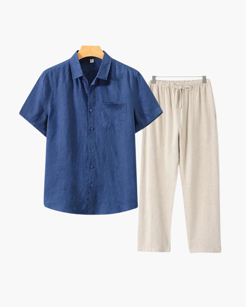 Ensemble Été Deux Pièces Avec Chemise Courte Et Pantalon À Taille Élastique Pour Homme | Idéal Pour Saison Estivale
