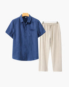 Ensemble Été Deux Pièces Avec Chemise Courte Et Pantalon À Taille Élastique Pour Homme | Idéal Pour Saison Estivale