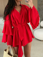 Robe Courte À Taille Ajustable Avec Jupe Évasée Et Manches Longues Pour Femme | Idéale Pour Des Sorties Courantes