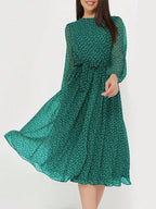 Robe Midi À Pois Avec Col Rond Et Manches Longues Pour Femme | Idéale Pour Le Jour Et La Soirée
