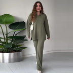Ensemble Lounge Avec Texture Côtelée Et Pantalon À Jambe Large Pour Femmes | Idéal Pour Un Usage Quotidien