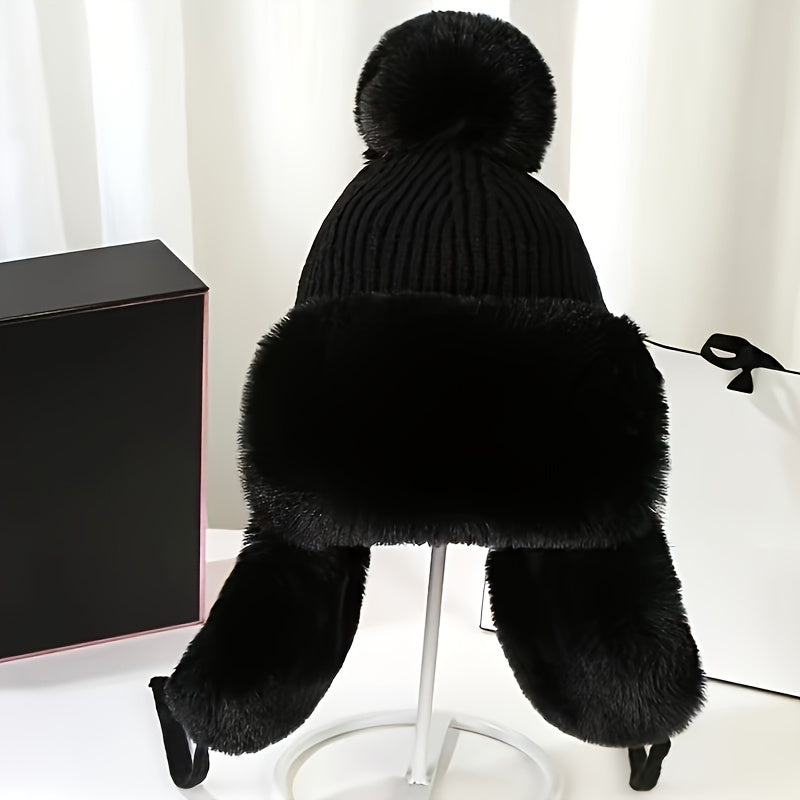 Bonnet Aviateur Tricoté avec Pompon Et Couvre-Oreilles pour Femmes | Idéal pour L’Hiver